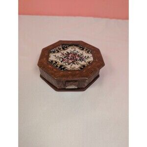 Vintage Octagon Embroidered Floral Jewelry Box with Mirror Brown